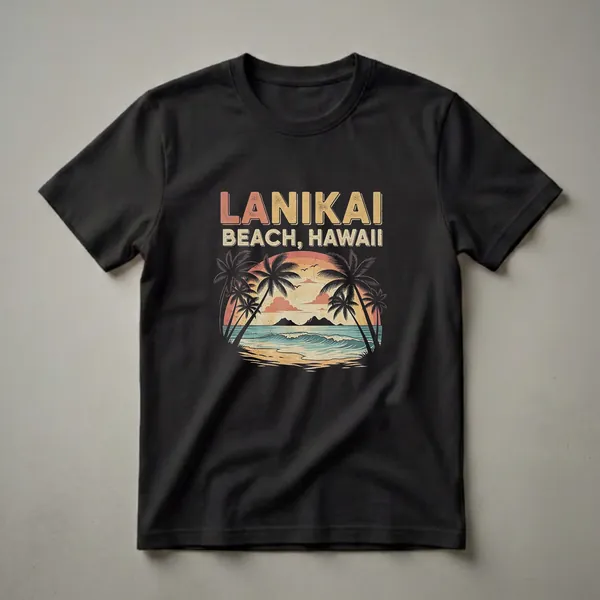 Black t-shirt featuring a retro graphic of Lanikai Beach, Hawaii, with palm trees, a colorful sunset, and ocean waves.