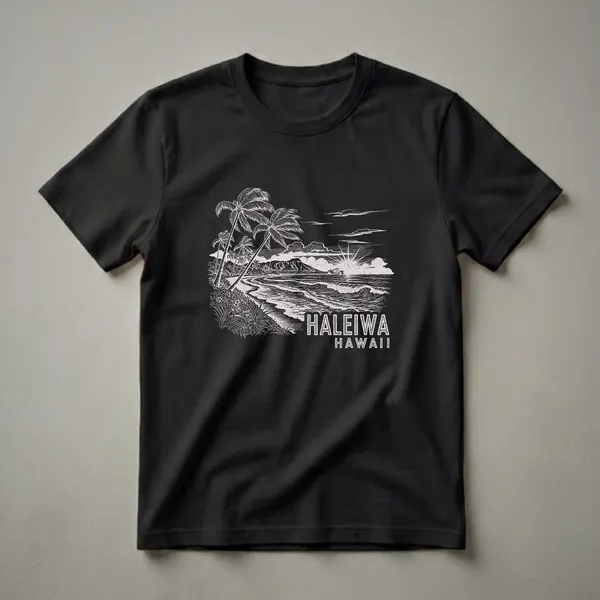 Black t-shirt with a white vintage sketch of a Hawaiian beach scene in Haleiwa, featuring palm trees, ocean waves, mountains, and the text 'HALEIWA HAWAII'.