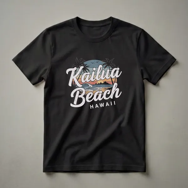 Black t-shirt with a retro graphic design of Kailua Beach, Hawaii, featuring a sunset, palm trees, and a breaking wave.