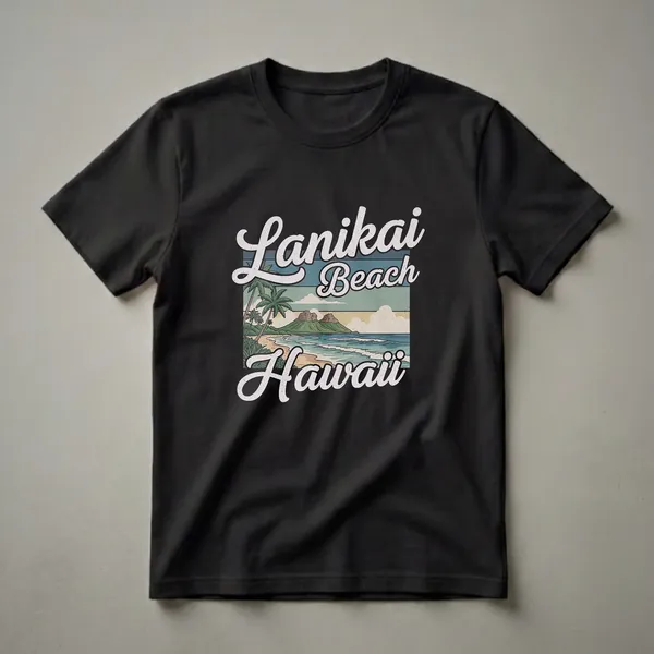 Black t-shirt featuring a retro graphic of Lanikai Beach, Hawaii, with palm trees, ocean waves, and mountains under a vintage sky.