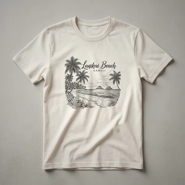 Black graphic t-shirt featuring a sketch art illustration of Lanikai Beach, Hawaii, with palm trees, ocean waves, and distant islands.