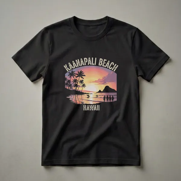 Black t-shirt featuring a retro graphic of Kaanapali Beach, Hawaii, with a colorful sunset, silhouetted palm trees, surfers in the ocean, and a group of people on the shore.