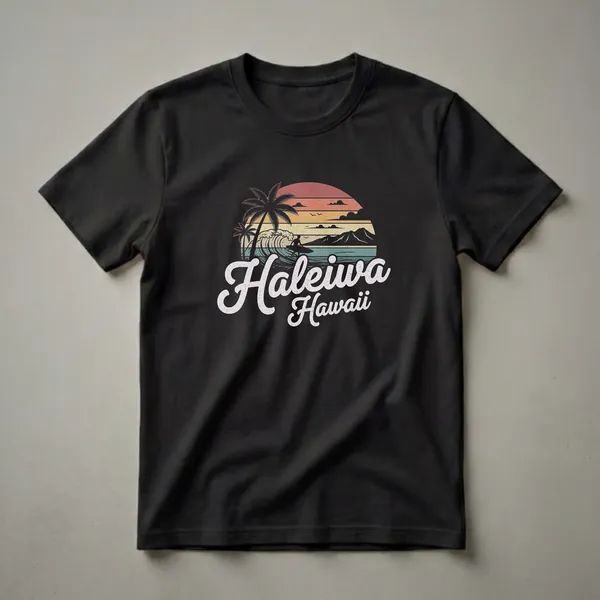 Black t-shirt with a retro graphic design of Haleiwa, Hawaii, featuring a sunset, palm trees, a surfer on a wave, and mountains.