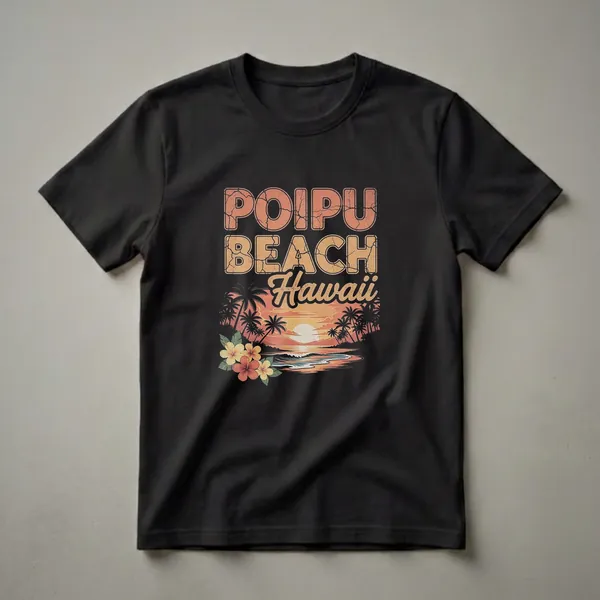 Black t-shirt featuring a retro Poipu Beach Hawaii design with a sunset, palm trees, hibiscus flowers, and distressed text.