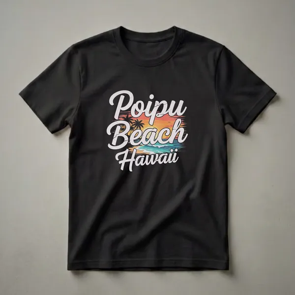 Black t-shirt with a retro graphic design that reads 'Poipu Beach Hawaii' over a sunset beach scene with palm trees and ocean waves.