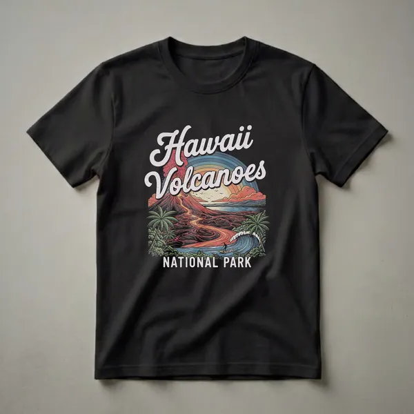 Black t-shirt with a retro graphic design of Hawaii Volcanoes National Park, showing a volcano erupting lava into the ocean with a surfer riding a wave, palm trees, and a rainbow.