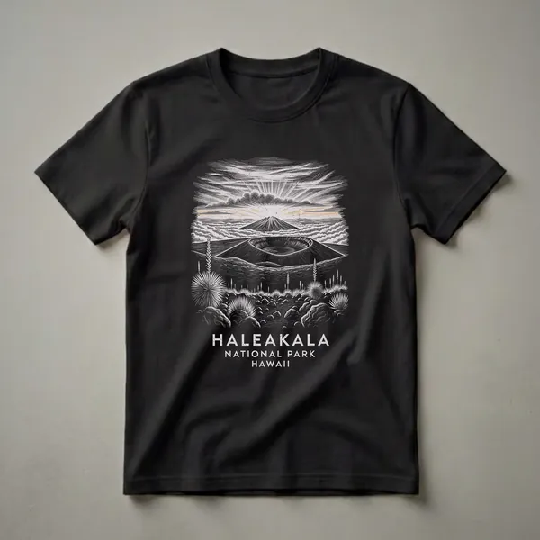 Black t-shirt featuring a vintage illustration of Haleakala National Park's crater at sunrise, with silversword plants and rocks in the foreground.