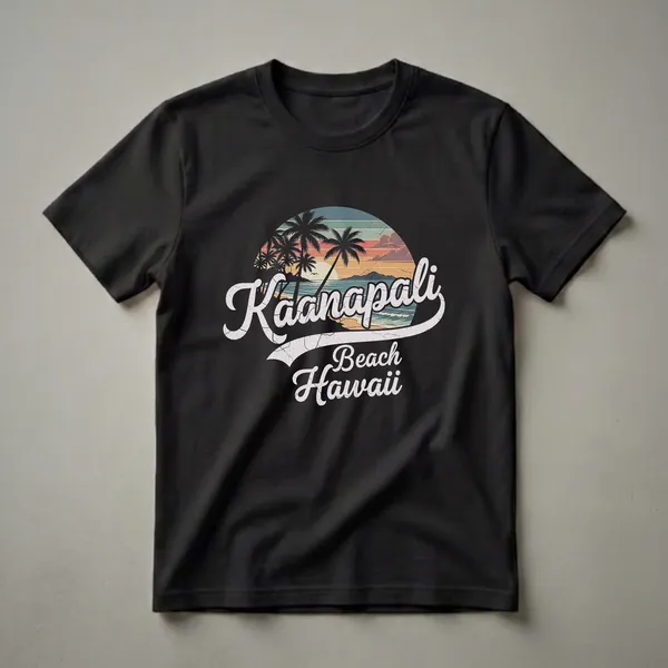 Black t-shirt featuring a retro graphic of Kaanapali Beach, Hawaii, with silhouetted palm trees against a colorful sunset over the ocean.