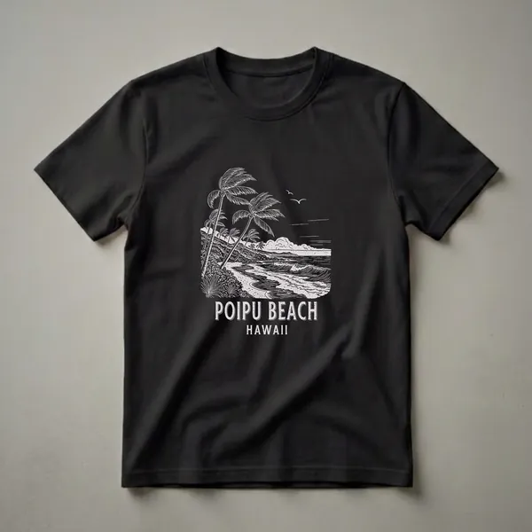 Black t-shirt featuring a vintage line drawing of Poipu Beach, Hawaii, with palm trees, ocean waves, and text that reads "POIPU BEACH HAWAII".