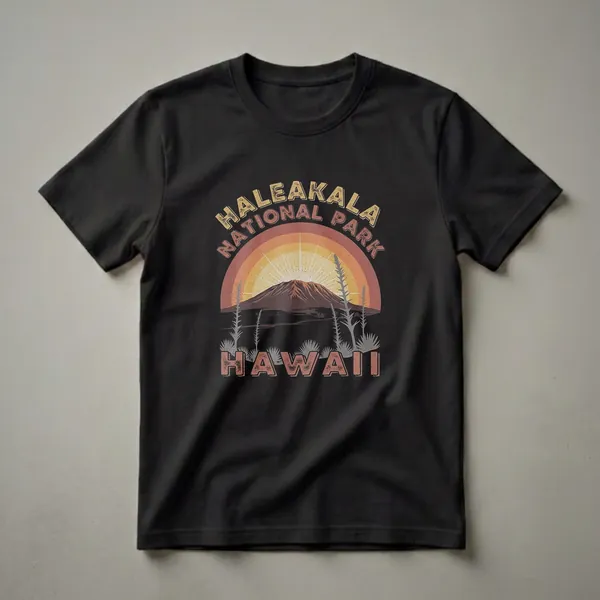 Black t-shirt featuring a retro graphic design of Haleakala National Park with a rainbow sunset, volcano, and Hawaiian plants.