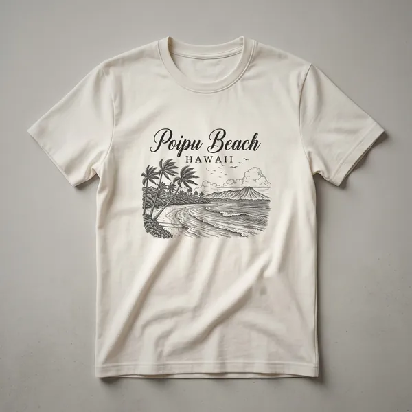 Black t-shirt featuring a sketch art design of Poipu Beach, Hawaii, with palm trees, ocean waves, and a distant volcano.
