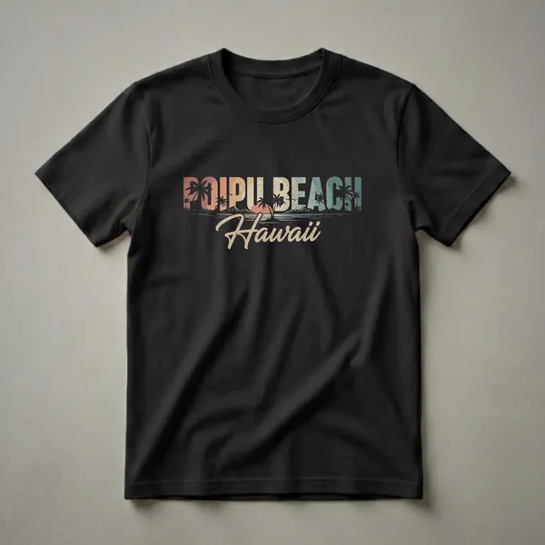 Black t-shirt with a retro graphic design that reads "Poipu Beach Hawaii" over a sunset scene with palm trees, ocean, and mountains.