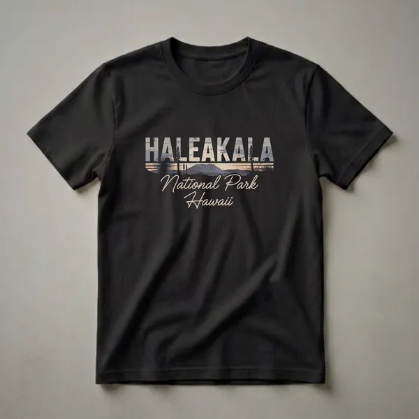 Black t-shirt with a graphic design of Haleakala National Park, featuring the volcano at sunset with stylized plants and distressed text.