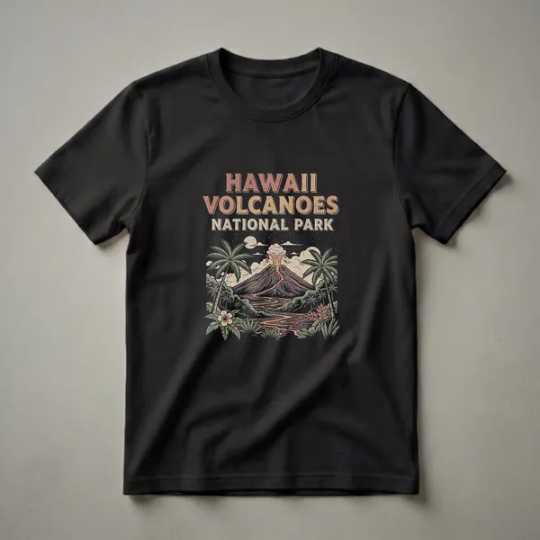 Black t-shirt featuring a retro graphic of Hawaii Volcanoes National Park with an erupting volcano, lava flows, palm trees, and a starry night sky.