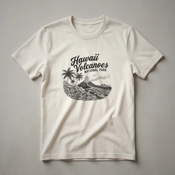 Black graphic t-shirt featuring a sketch of Hawaii Volcanoes National Park with an erupting volcano, palm trees, and tropical foliage.