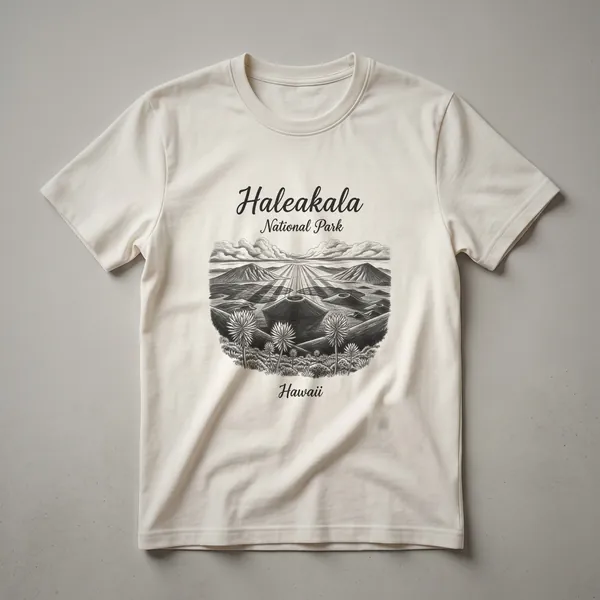 Black graphic t-shirt featuring a sketch of Haleakala National Park in Hawaii, showing mountains, clouds, and native plants.