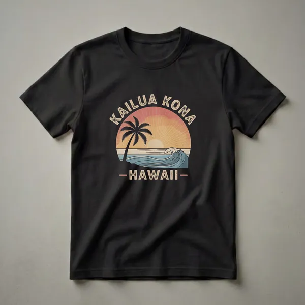 Black t-shirt featuring a retro graphic of a sunset over the ocean with a palm tree and a wave, with 'Kailua Kona Hawaii' text.