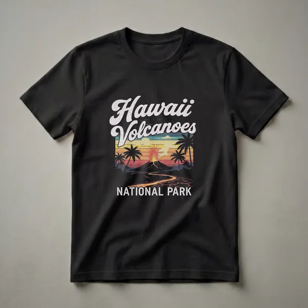 Black t-shirt with a retro graphic design of a volcanic eruption at Hawaii Volcanoes National Park, featuring palm trees, lava flow, and colorful sunset stripes.