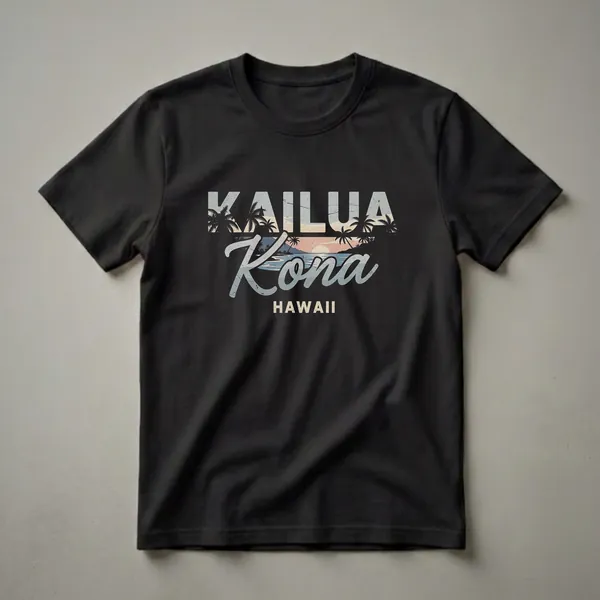 Black t-shirt with a retro graphic design featuring the words KAILUA Kona HAWAII over a beach sunset scene with palm trees.