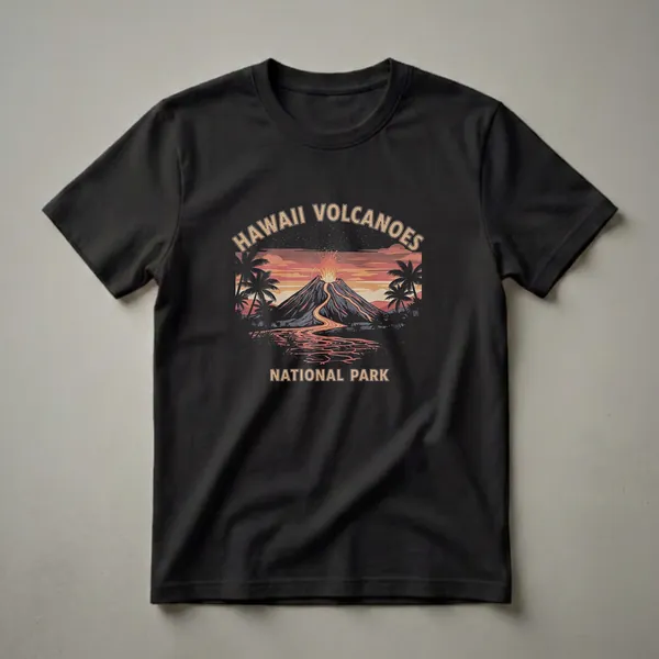 Black t-shirt featuring a retro graphic of Hawaii Volcanoes National Park at sunset, showing a volcano erupting with lava flow, palm trees, and a starry sky.