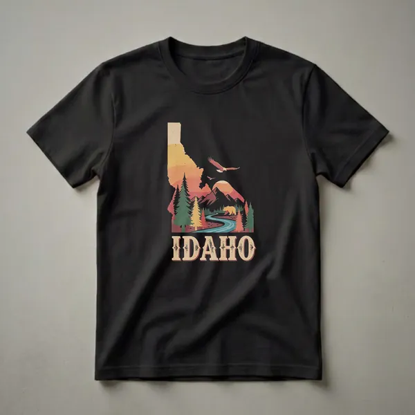 Black t-shirt featuring a retro graphic of the Idaho state outline filled with a mountain landscape, river, pine trees, a bear, and two eagles.