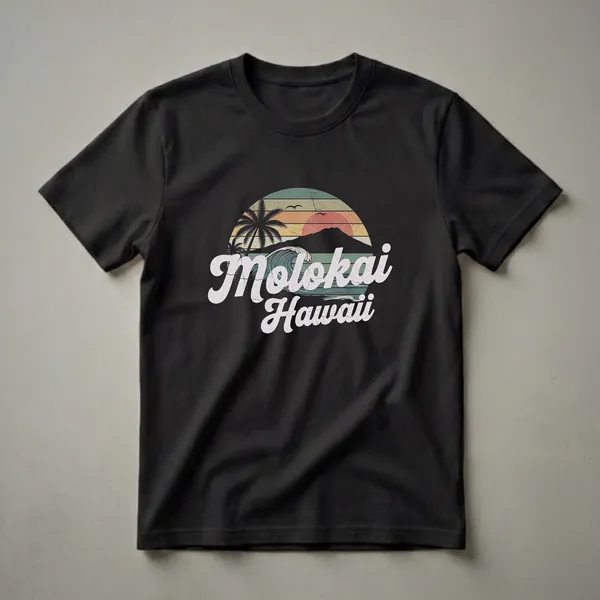 Black t-shirt featuring a retro graphic of Molokai, Hawaii, with a vintage sunset, palm trees, a crashing wave, and mountains in muted retro colors.