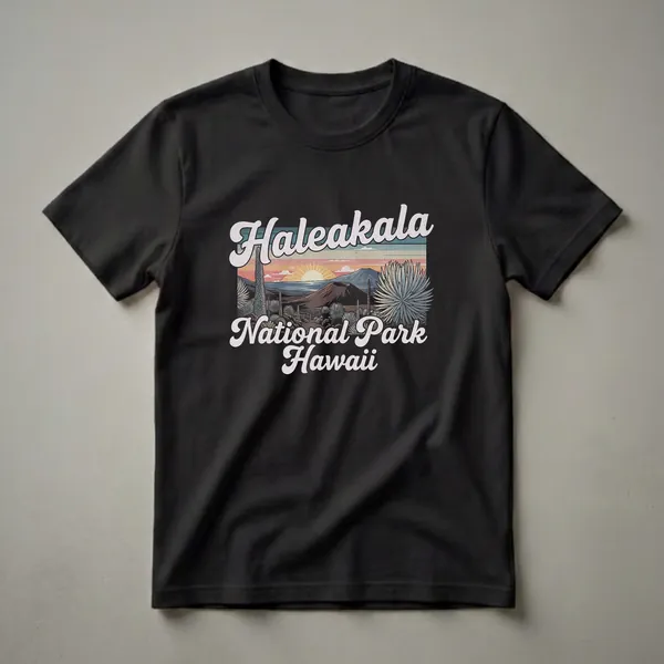Black graphic t-shirt featuring a retro design of Haleakala National Park, Hawaii, with a sunset over the volcano and native plants in the foreground.