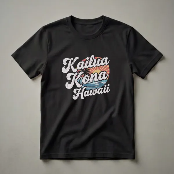Black t-shirt with a retro graphic design that reads "Kailua Kona Hawaii" over a stylized sun, palm tree, and ocean wave.