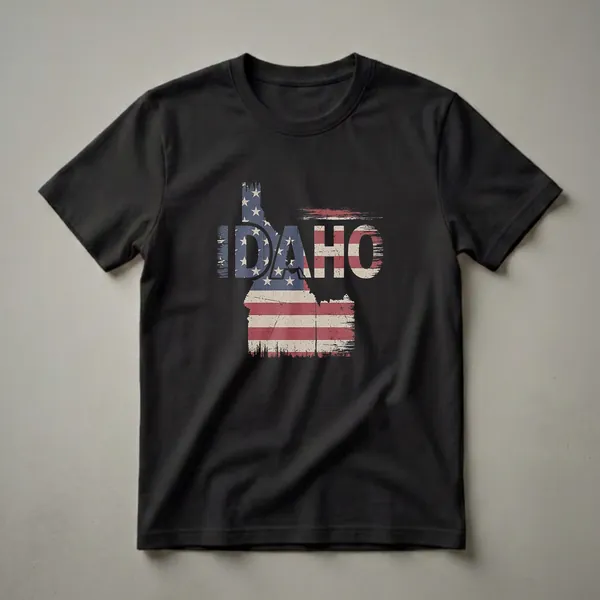 A black t-shirt featuring the outline of Idaho filled with a distressed American flag pattern, with the word IDAHO overlaid in a distressed font.