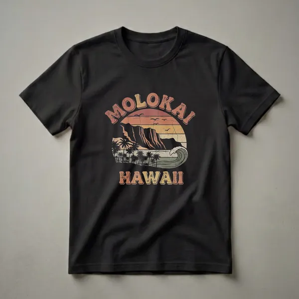 Black t-shirt with a retro graphic design of Molokai, Hawaii, featuring a sunset, palm trees, cliffs, and a crashing wave.