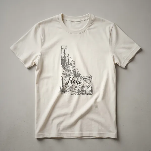 Line art sketch of the state of Idaho filled with a mountain landscape, pine trees, a river, and a jumping trout. The word 'Idaho' is written in script in the center.