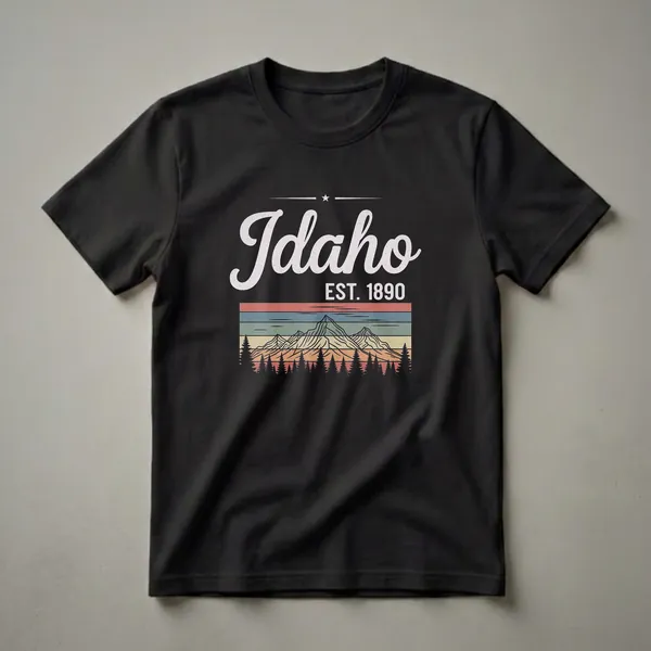 Black t-shirt with a retro graphic design for Idaho, featuring the state name, establishment date, mountains, and pine trees.