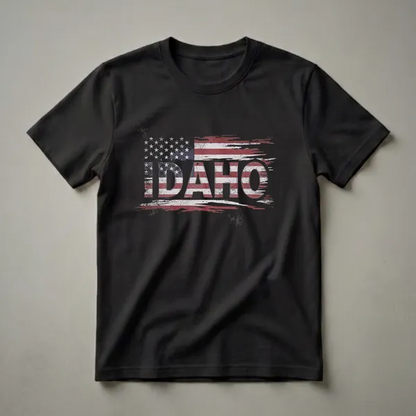 Black t-shirt featuring a distressed American flag design with the word IDAHO in large, bold letters across the center.