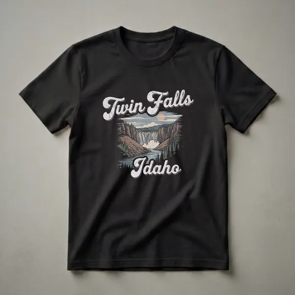 Black graphic t-shirt featuring a retro illustration of Twin Falls, Idaho, with a waterfall, canyons, trees, and the words 'Twin Falls Idaho' in distressed white lettering.