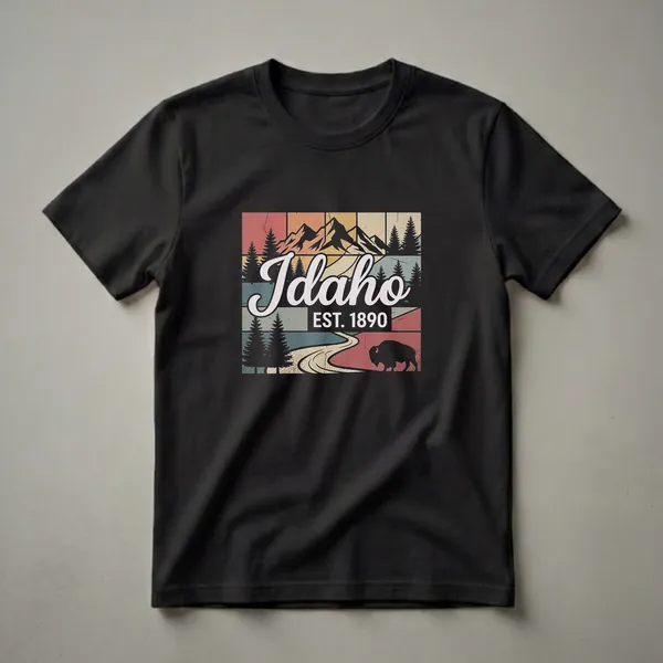 Black graphic t-shirt featuring a retro design with the word 'Idaho Est. 1890', mountains, pine trees, a winding road, and a bison silhouette in vintage colors.