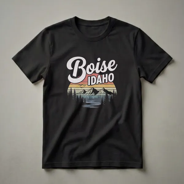 Black graphic t-shirt with 'Boise IDAHO' in retro font above a vintage sunset scene with mountains, pine trees, and a lake.