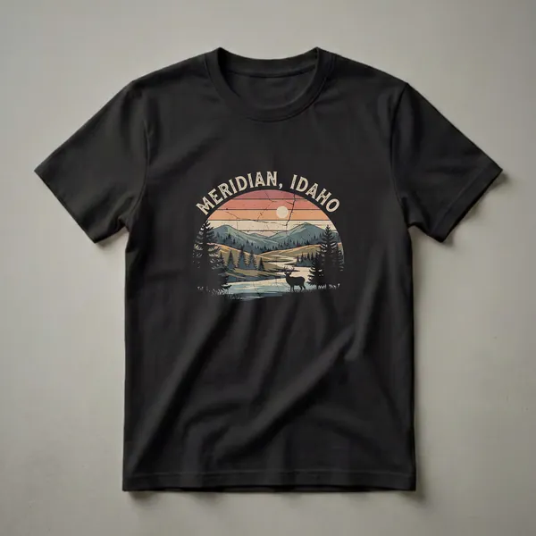 Black t-shirt featuring a retro graphic design of Meridian, Idaho with a mountain sunset, river, pine trees, and a deer silhouette.