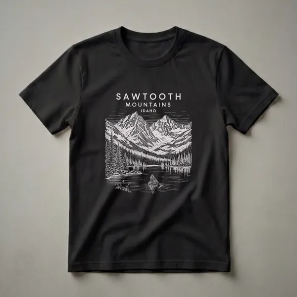 Black t-shirt with a vintage line art design of the Sawtooth Mountains in Idaho, showing jagged peaks, a forest, a lake, and a person in a canoe.