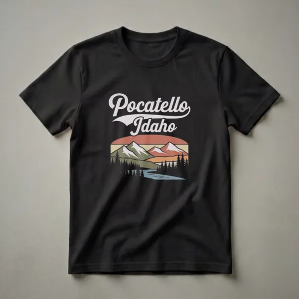 Black t-shirt with a retro graphic design featuring the text 'Pocatello Idaho' above a landscape of mountains, a river, and pine trees under a striped sunset.