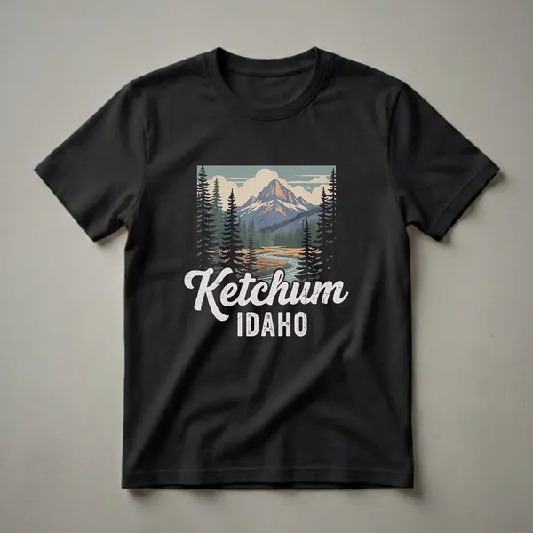 Black t-shirt with a retro graphic of the Ketchum, Idaho landscape, featuring mountains, a winding river, pine trees, and clouds, with the text 'Ketchum Idaho'.