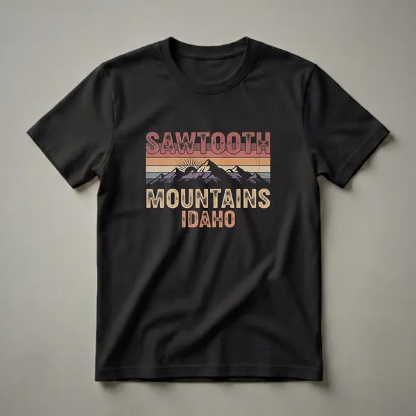 Black t-shirt with a retro graphic design featuring the words Sawtooth Mountains Idaho, a sunset, and mountain peaks in vintage colors.