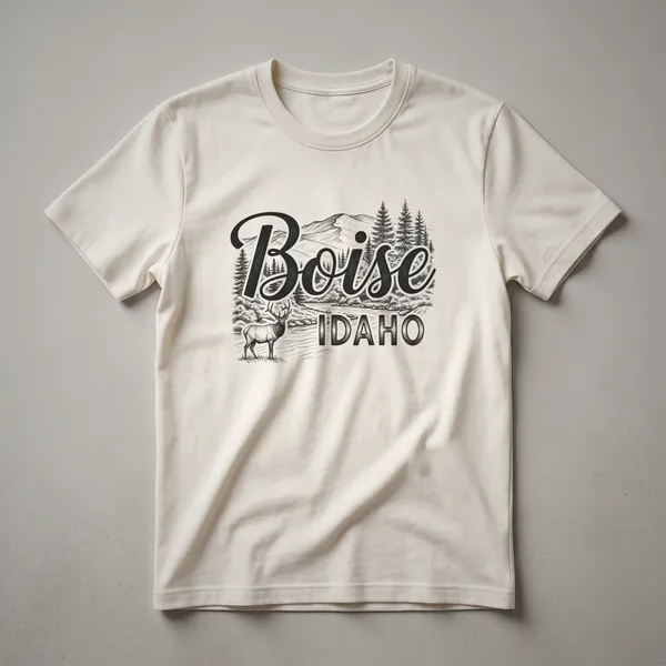 Black graphic t-shirt featuring a sketch-style design of Boise, Idaho, with mountains, pine trees, a river, and a deer.