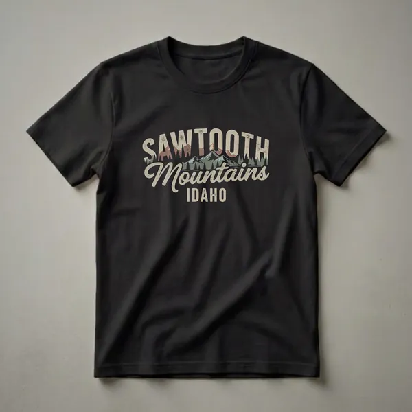 Black t-shirt with a retro graphic design featuring the words "SAWTOOTH Mountains IDAHO" over a depiction of the Sawtooth Mountains with pine trees and a distressed texture.