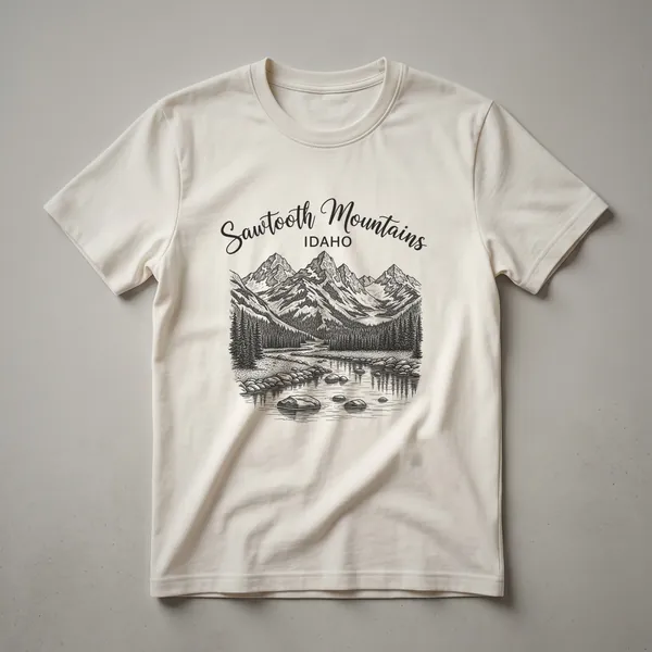Black graphic t-shirt featuring a sketch of the Sawtooth Mountains in Idaho, with a river and pine trees in the foreground.