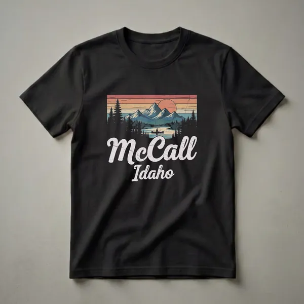Black t-shirt with a retro graphic design of mountains, a lake with a canoeist, evergreen trees, and a sunset, with the text 'McCall Idaho'.