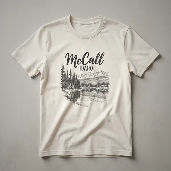 Black graphic t-shirt featuring a sketch art design of McCall, Idaho, with pine trees, a reflective lake, and mountains under a script and block text overlay.