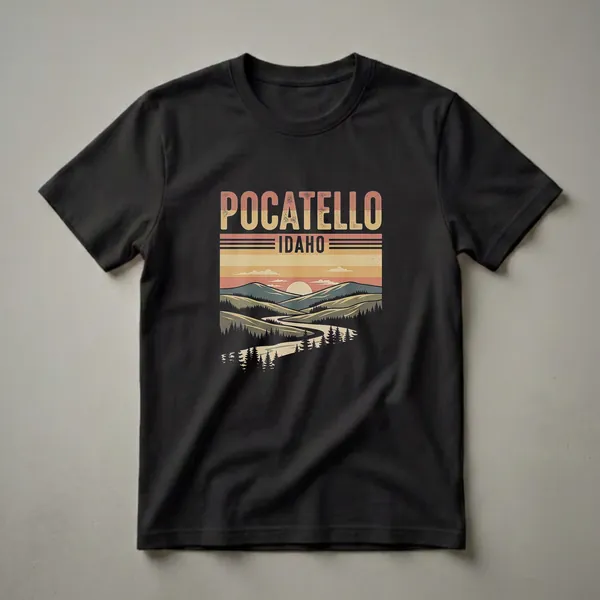 Black t-shirt with a retro graphic design featuring the words "POCATELLO IDAHO" above a stylized landscape of rolling hills, a winding river, and a sunset.