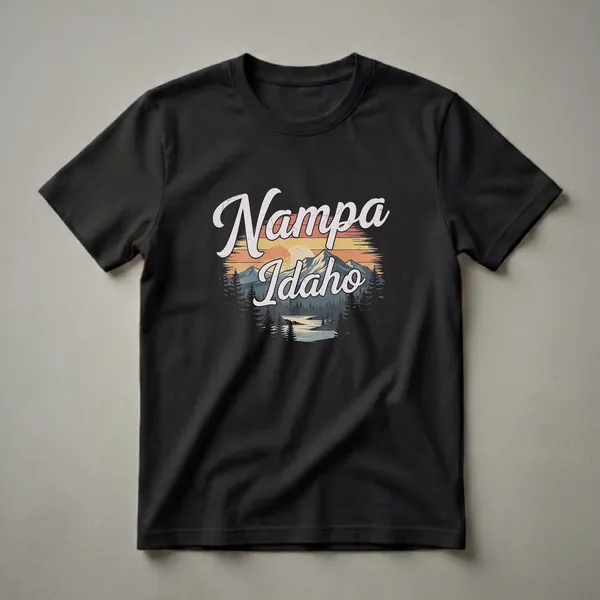 Black t-shirt with a retro graphic design that says 'Nampa Idaho' over a mountain landscape with a sunset, river, and pine trees.
