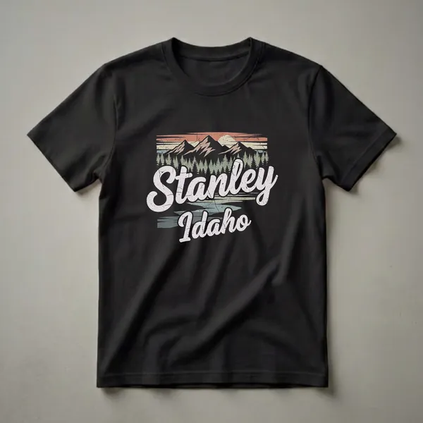 Black t-shirt with a retro graphic design featuring the words 'Stanley Idaho' over a mountain range, pine trees, and a sunset landscape.