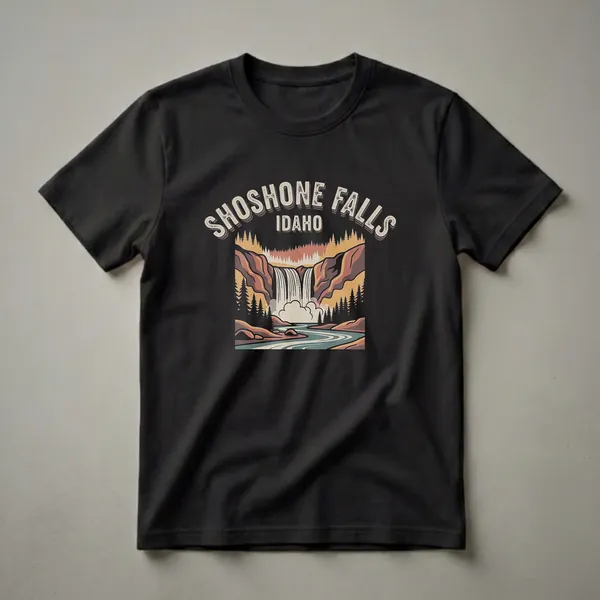 Black t-shirt with a retro illustration of Shoshone Falls in Idaho, showing a waterfall, river, pine trees, and rocky cliffs.